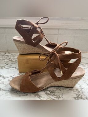 Vionic Tansy Suede Espadrille Wedge Sandals with Lace-Up Straps in Caramel